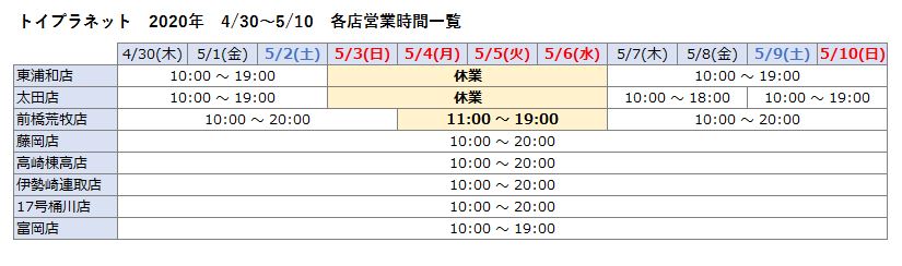 GW営業時間一覧