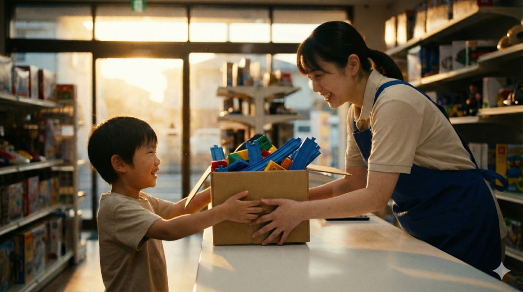 おもちゃ専門店でのバトンタッチ